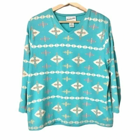 Pendleton Vintage Y2K Aztec Printed Blue Long Sleeve T-Shirt L - Picture 1 of 4
